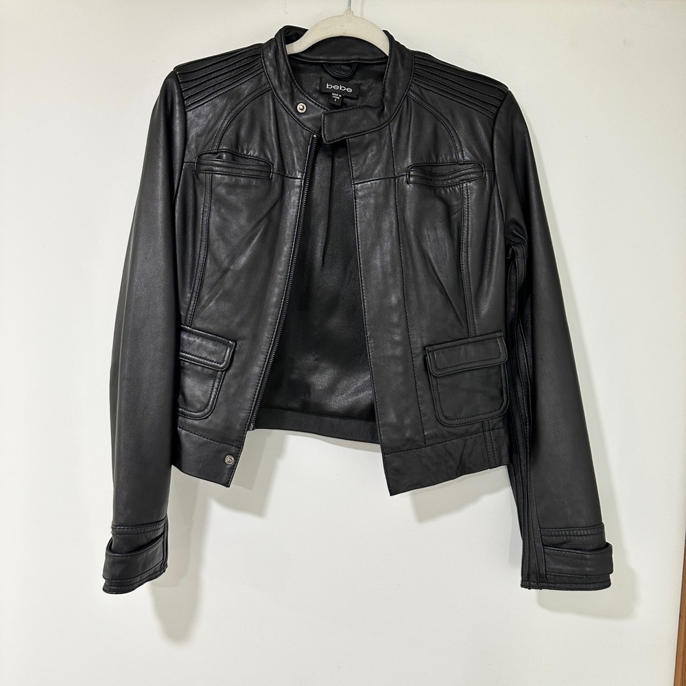 Bebe Leather Moto Jacket Womens S Black Quilted Shoulder Zip Front Biker Coat